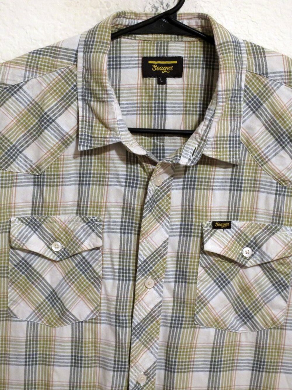 Seager Shirt Mens Large Short Sleeve Button White Green Gray Striped